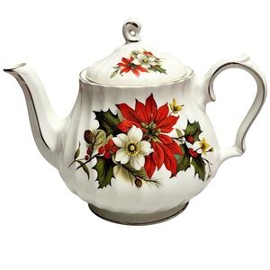 VTG Sadler England Poinsettia Holly Gold Trimmed Bone China Holiday 32oz Tea Pot